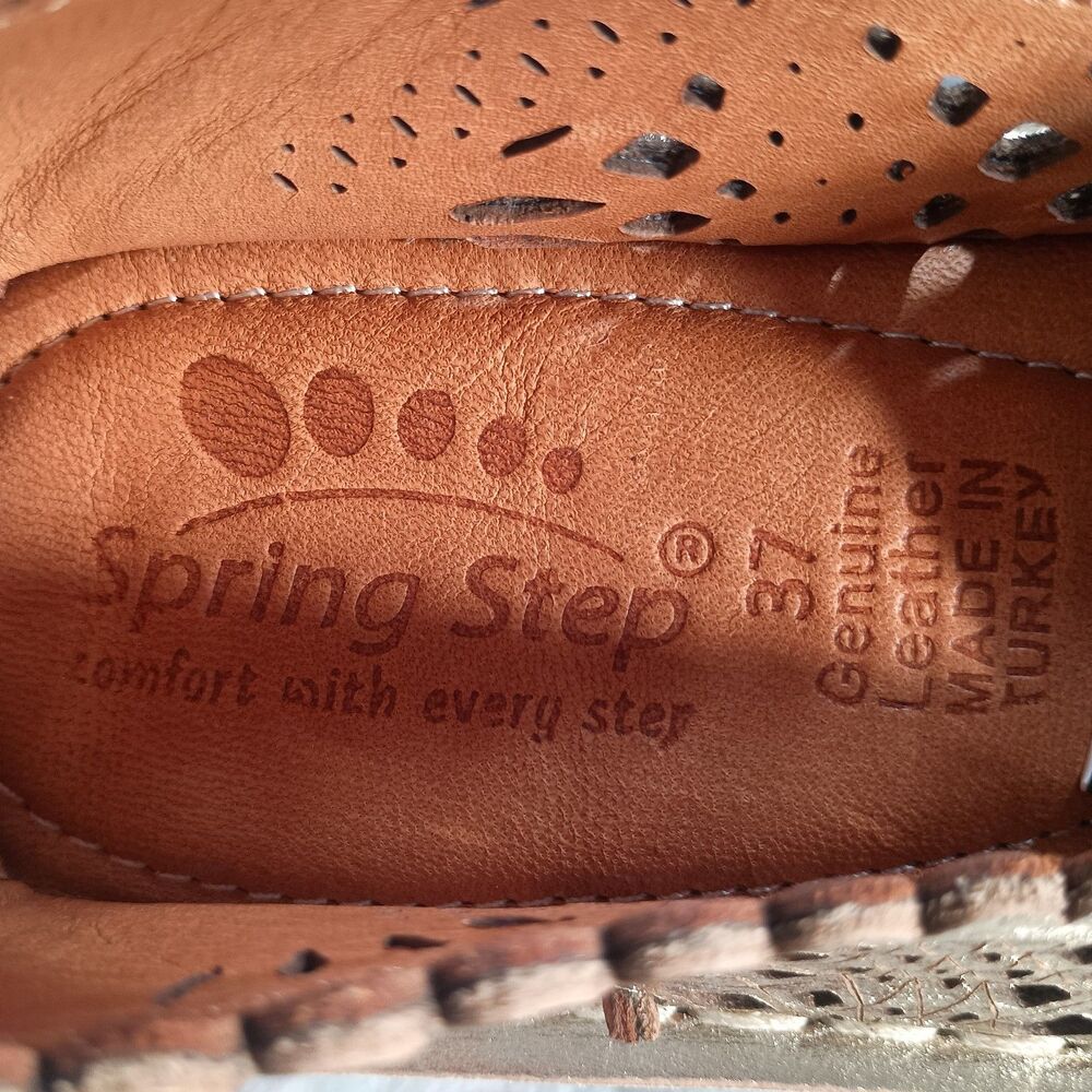Spring Step Bormeda Shoes 37/6.5 - 7 Scalloped Slip On Peep Toe Leather Gold - Picture 4 of 11